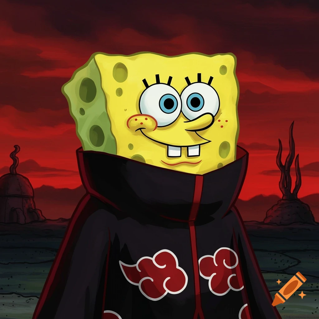 SpongeBob SquarePants wears a black Akatsuki cloak with red clouds against a dark red background.
