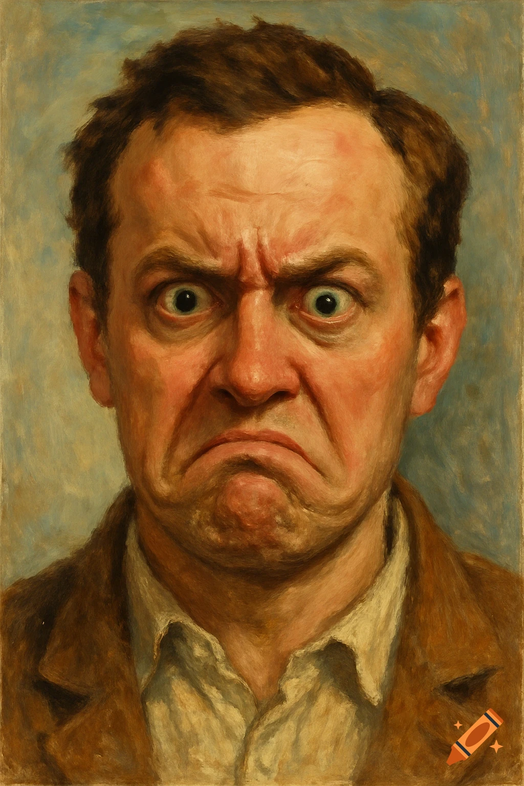 Oil painting portrait of a man with a disgusted, scrunched-up face