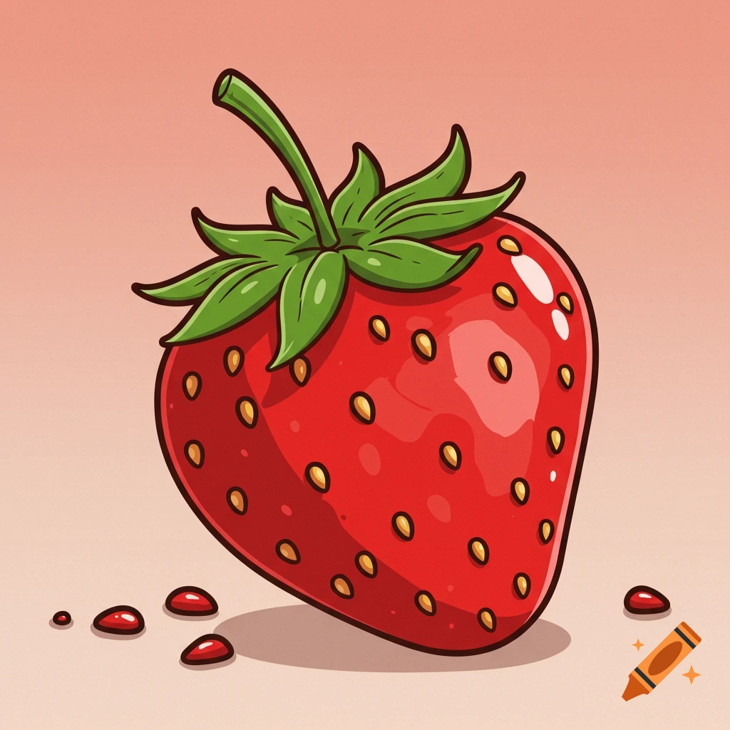 A cartoon-style strawberry sits on a light pink background with small red droplets nearby.