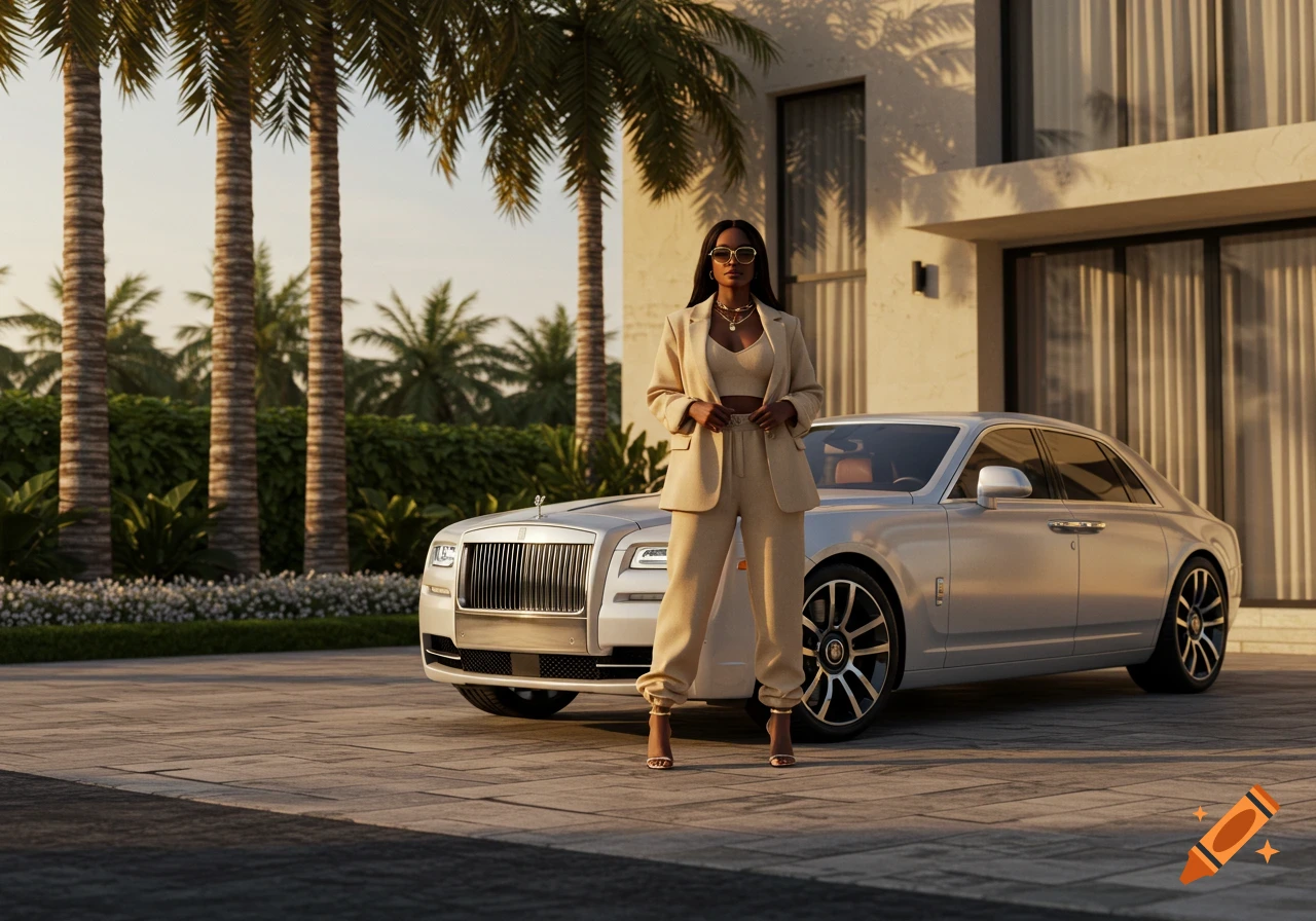 Black woman in beige suit stands by white Rolls Royce at modern mansion with palm trees at golden hour