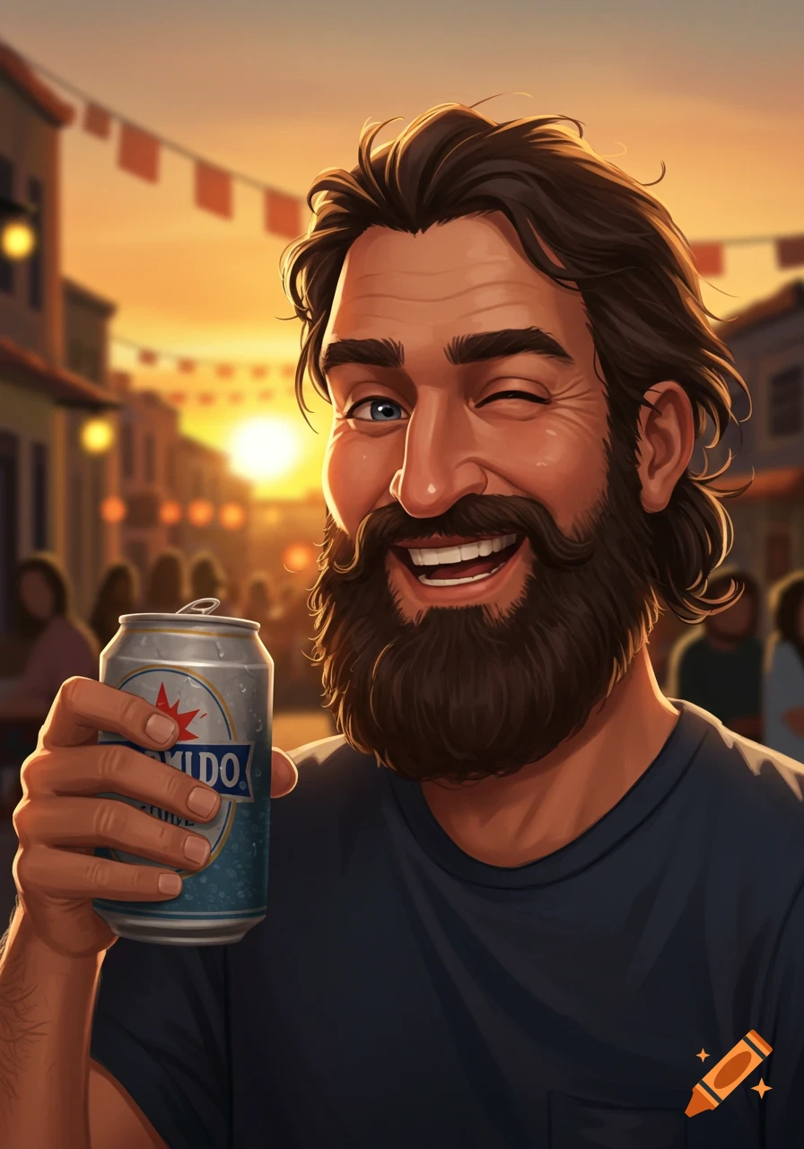 A bearded man winks while holding a beer can in a street scene at sunset.