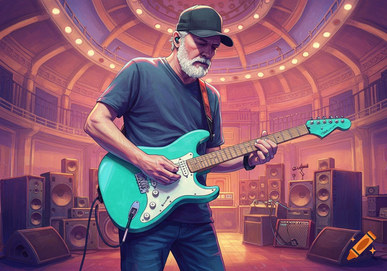 An illustration of a man with a grey beard and ball cap playing a teal electric guitar on a stage surrounded by speakers.