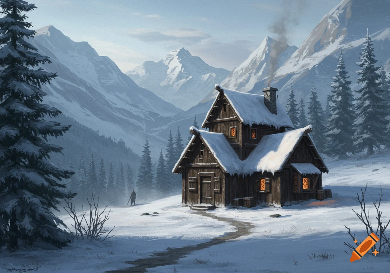 A digital painting of a snowy mountain landscape with a wooden cabin and a solitary figure walking away.