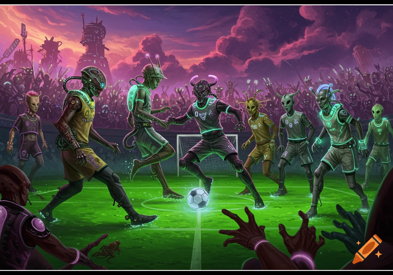 Aliens play soccer in a futuristic stadium.