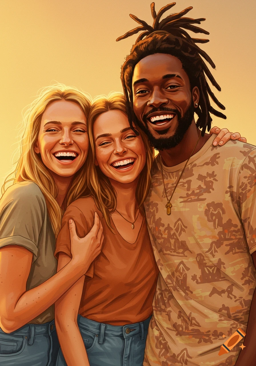 A diverse group of three people smiling and embracing, digital illustration.