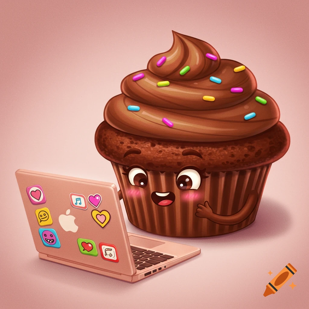 A cartoon chocolate cupcake with sprinkles sits next to a laptop with stickers.