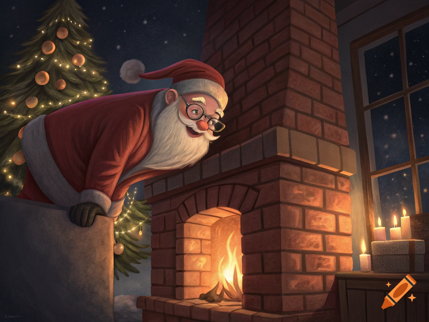 Illustration of Santa Claus peeking headfirst down a chimney into a room with a fireplace, Christmas tree, and candles.