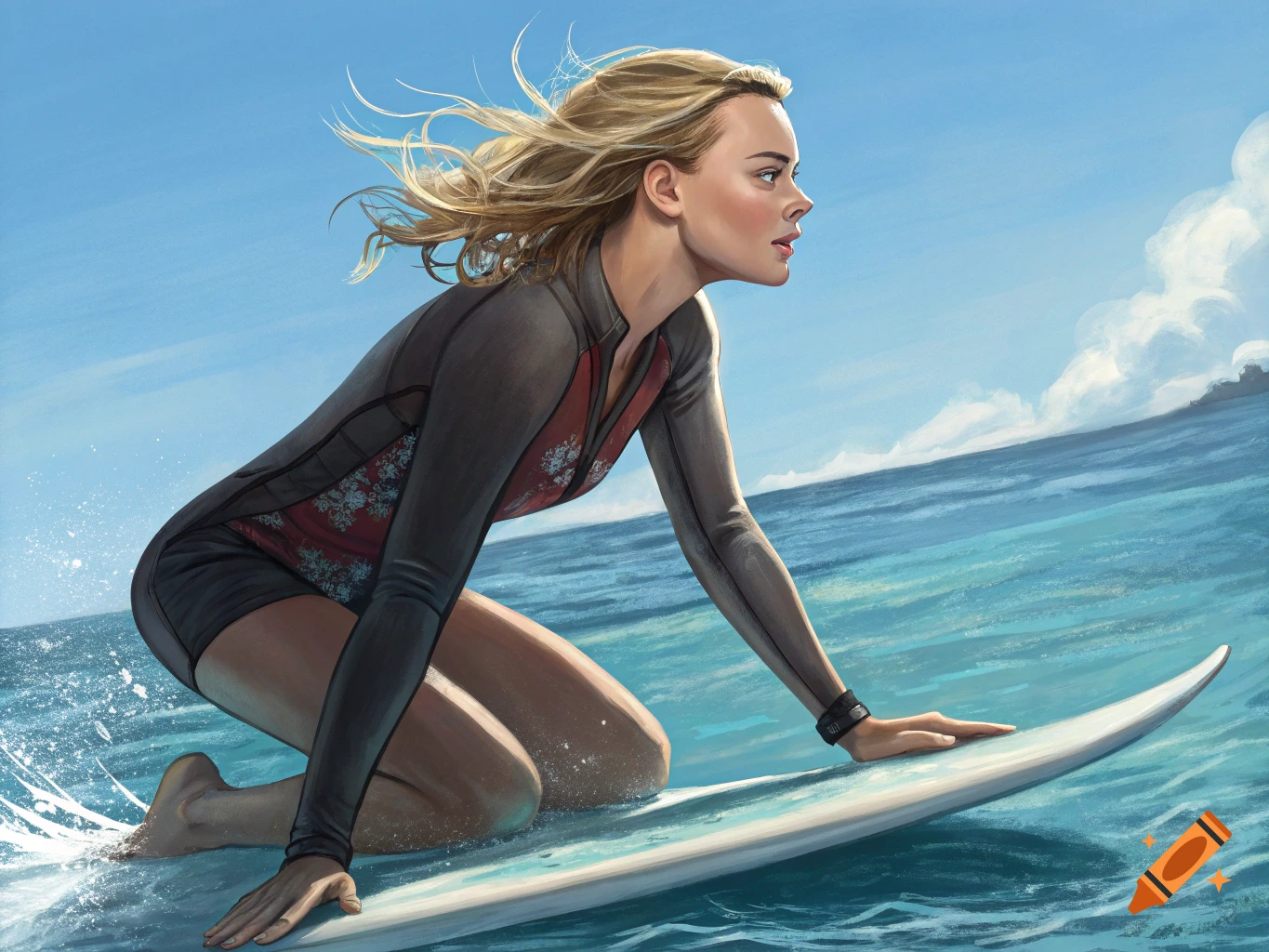 Digital painting of a woman kneeling on a surfboard in the ocean