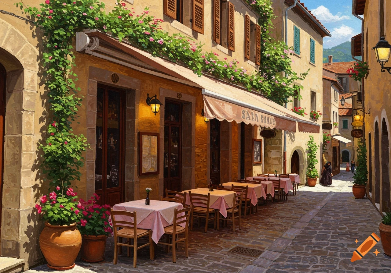 Painted scene of an outdoor street cafe with tables, awning, and flowers on a stone street in a village.