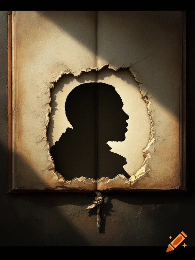 Silhouette of a person visible through a ripped hole in an open book page.