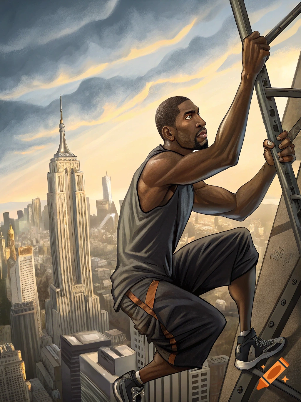 Illustration of a man climbing a metal structure high above the New York City skyline, with the Empire State Building in the background.