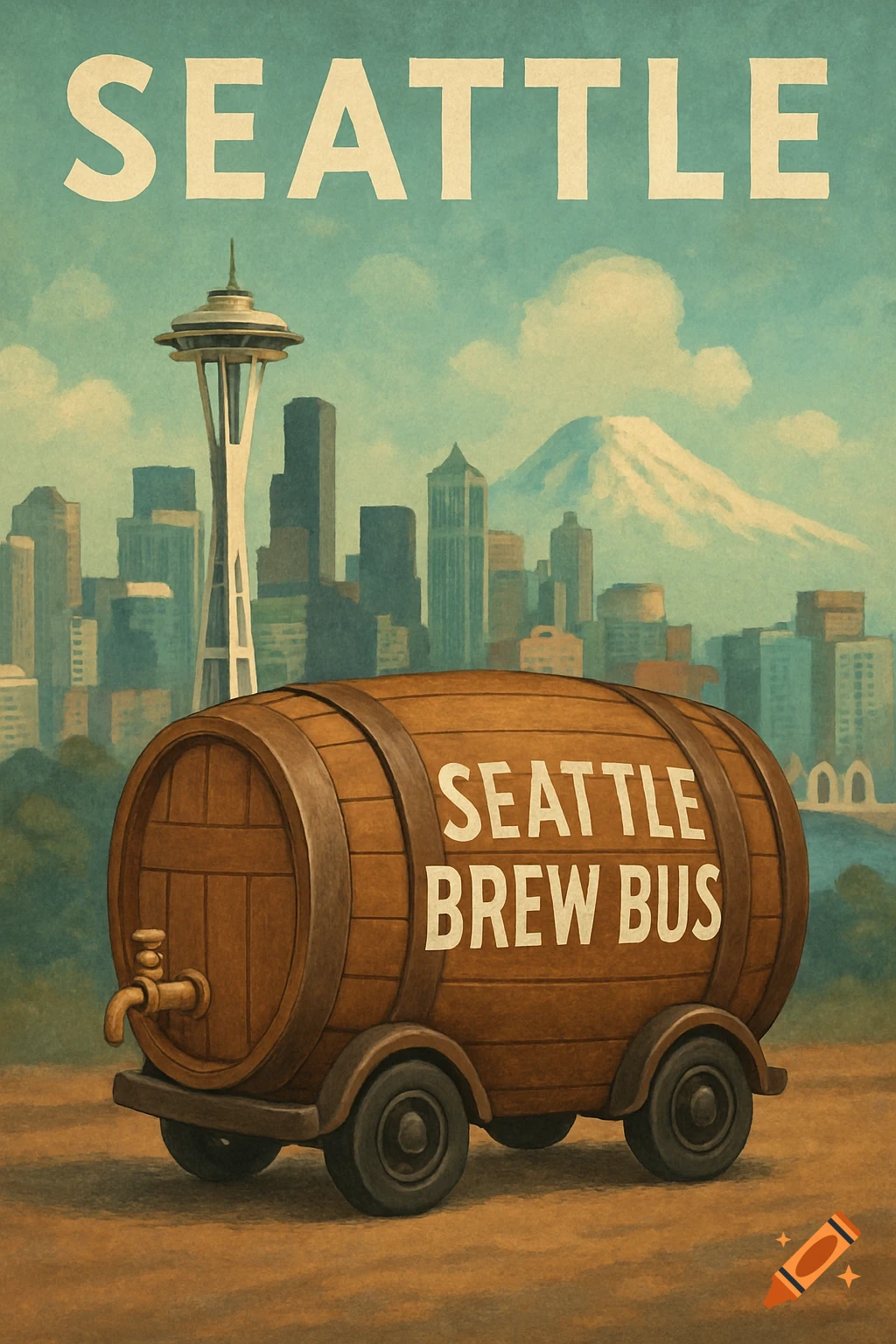 Stylized illustration of the Seattle skyline, Space Needle, and Mt. Rainier behind a large wooden barrel on wheels labeled "SEATTLE BREW BUS".