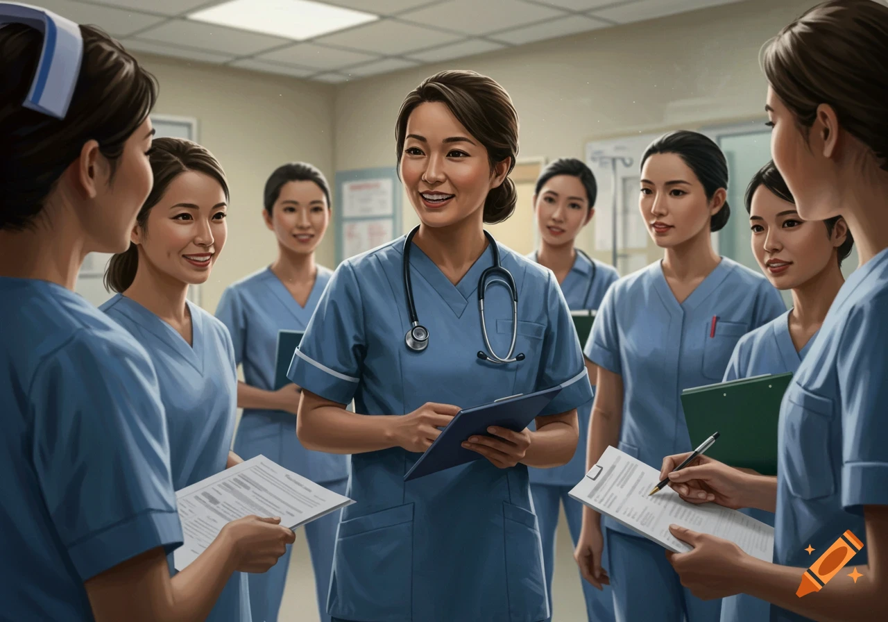 Group of female nurses discussing papers in a medical setting.