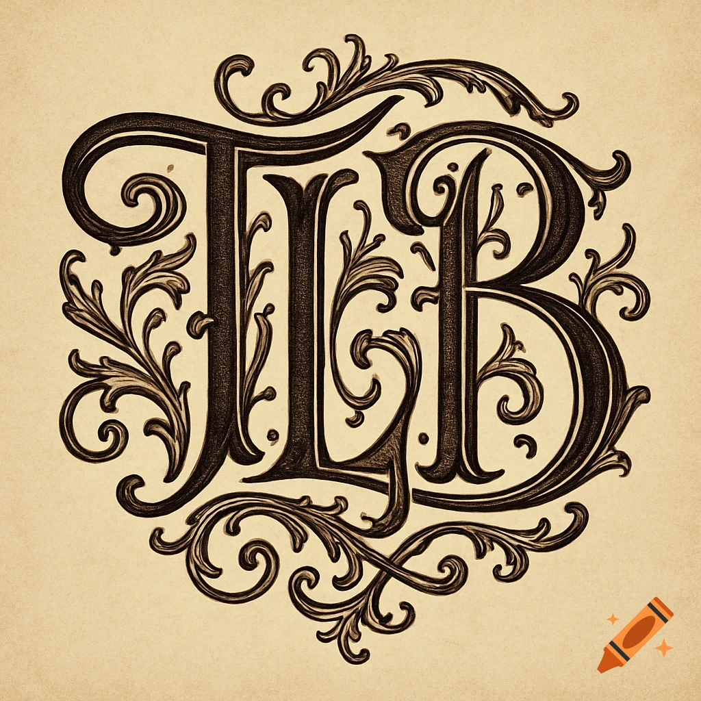 Ornate interlocked monogram of initials TLB