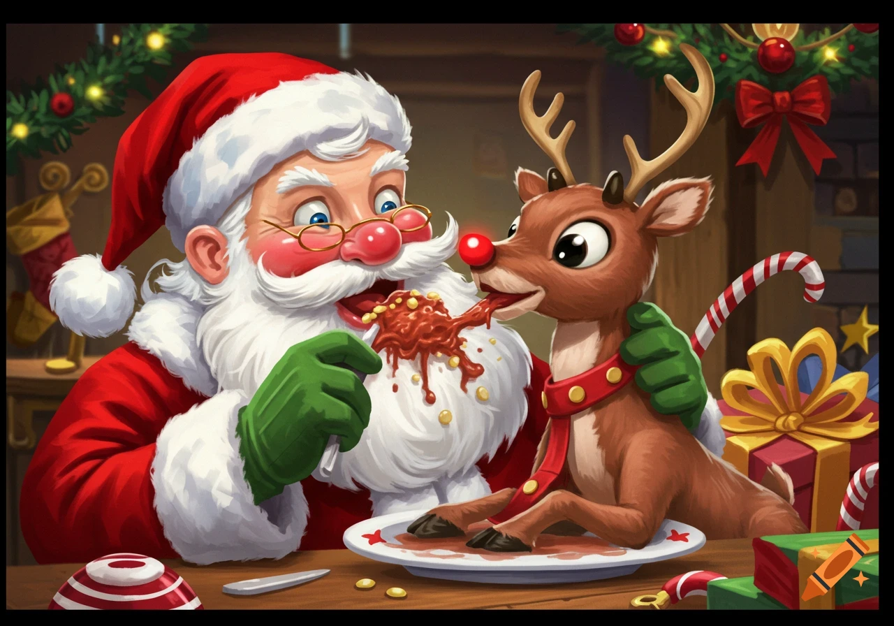 Cartoon illustration of Santa Claus feeding a reindeer from a plate.