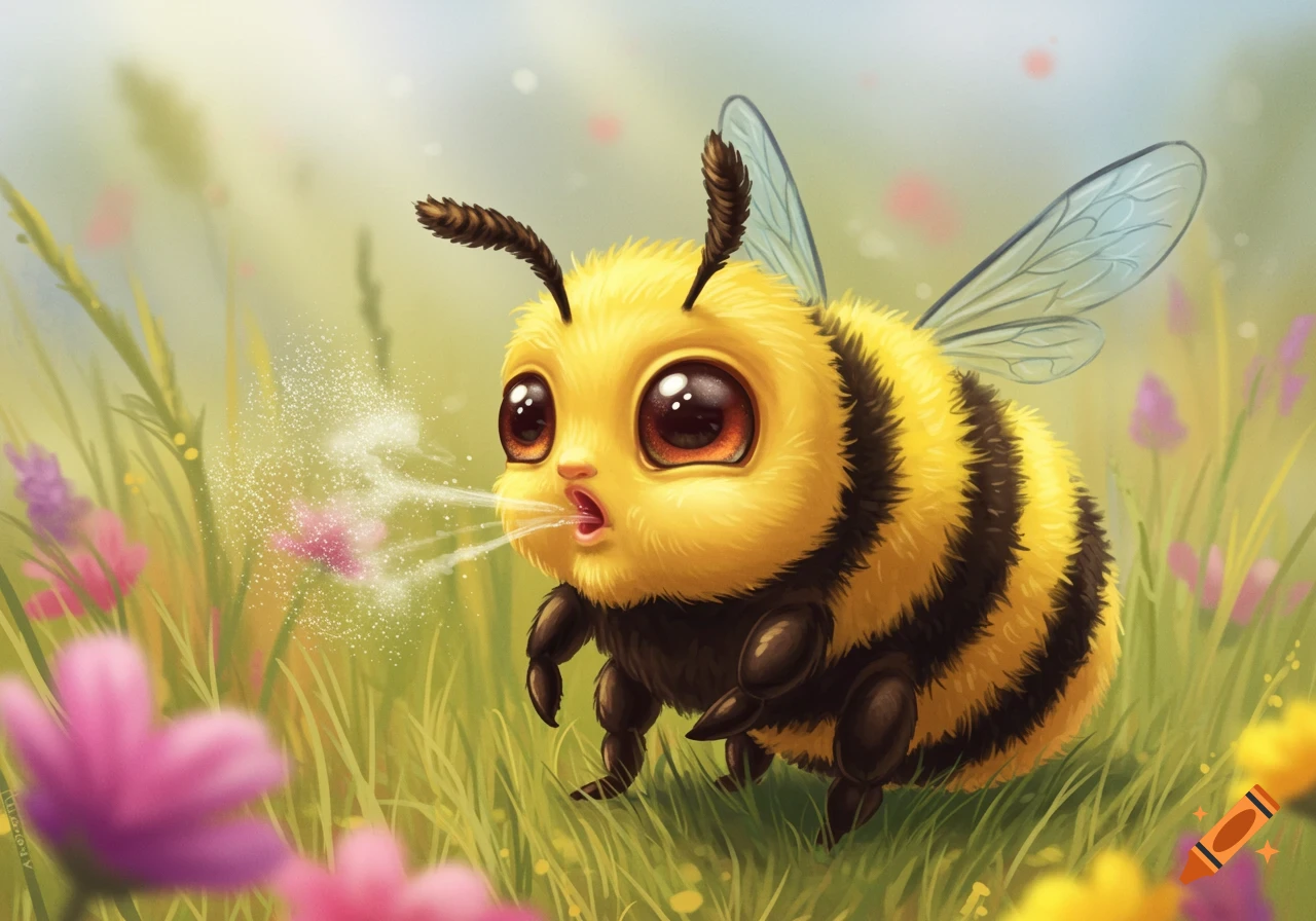 A cute baby bee sneezes sparkling dust in a flowery field.