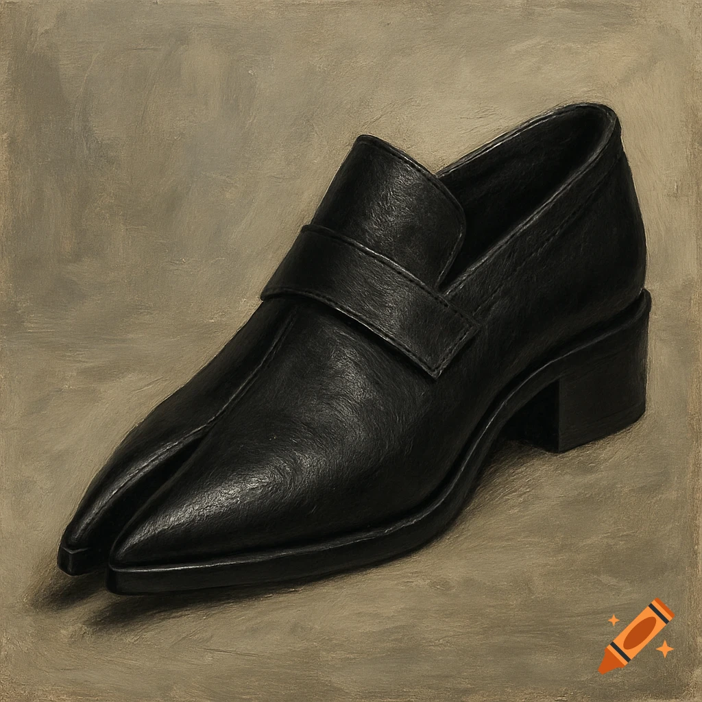 A painting of a black split-toe loafer shoe.