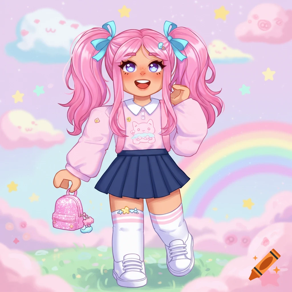 Cute cartoon girl with pink hair in pigtails, wearing a pink sweater and blue skirt, holding a backpack.