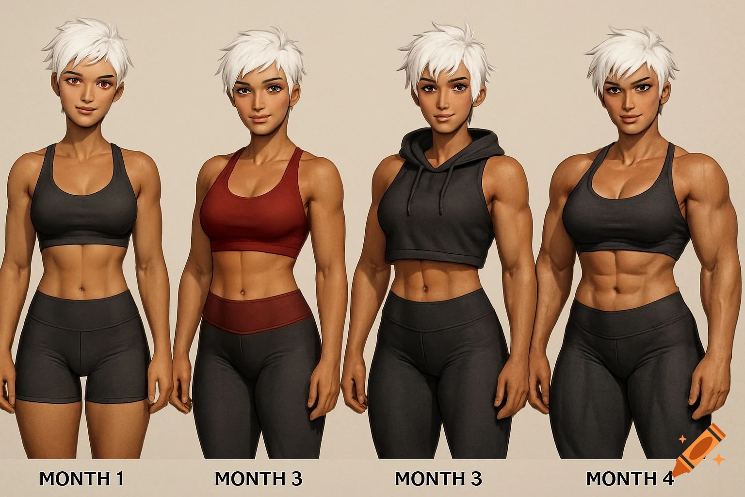 Four anime portraits of a woman showing muscle growth from Month 1 to Month 4.