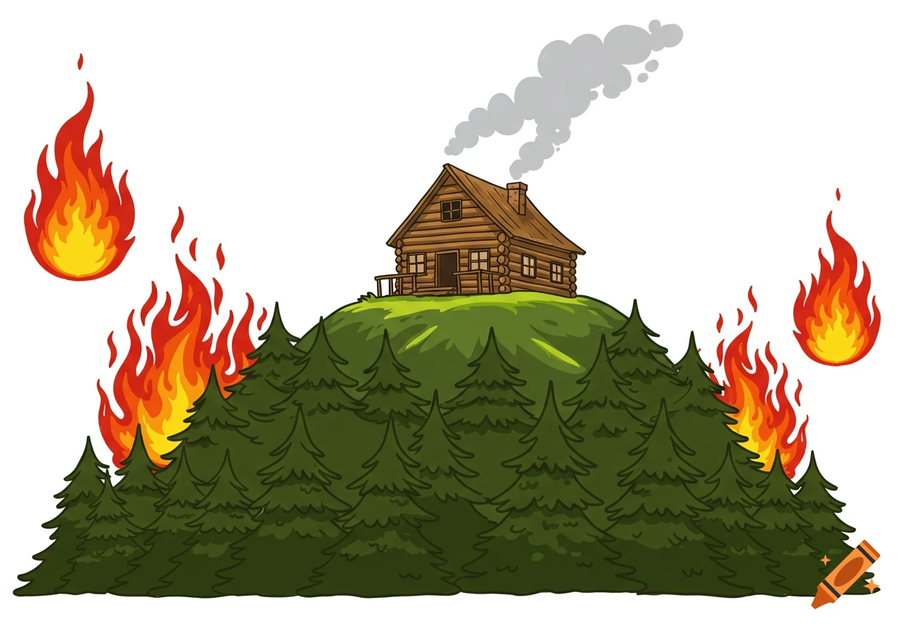 Cartoon illustration of a log cabin on a forested hill with forest fires approaching from the sides.