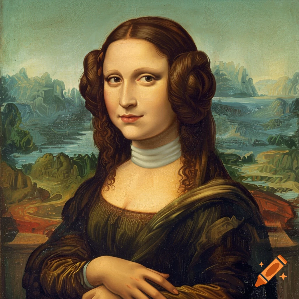 Painting of Mona Lisa with Princess Leia hair against a landscape background.