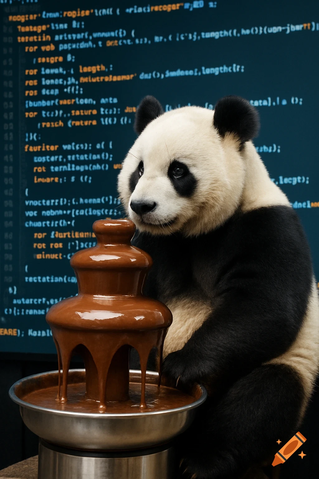 Panda sitting by a chocolate fountain in front of blurry computer code.