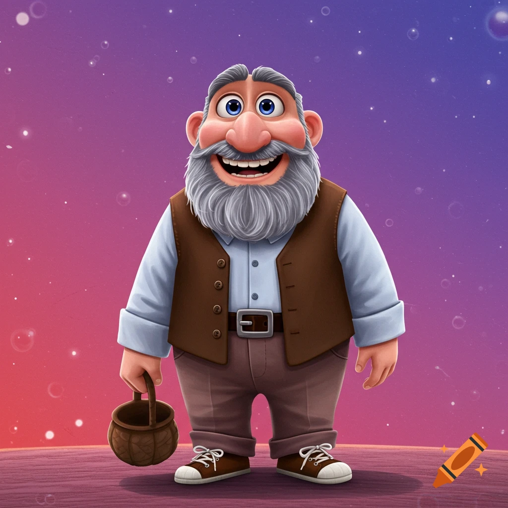 A cartoon man with a gray beard and brown vest holds a basket, smiling. The style is similar to Pixar.