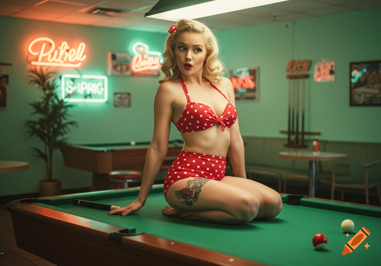 Pinup woman in a red polka dot bikini sitting on a pool table in a bar with neon signs
