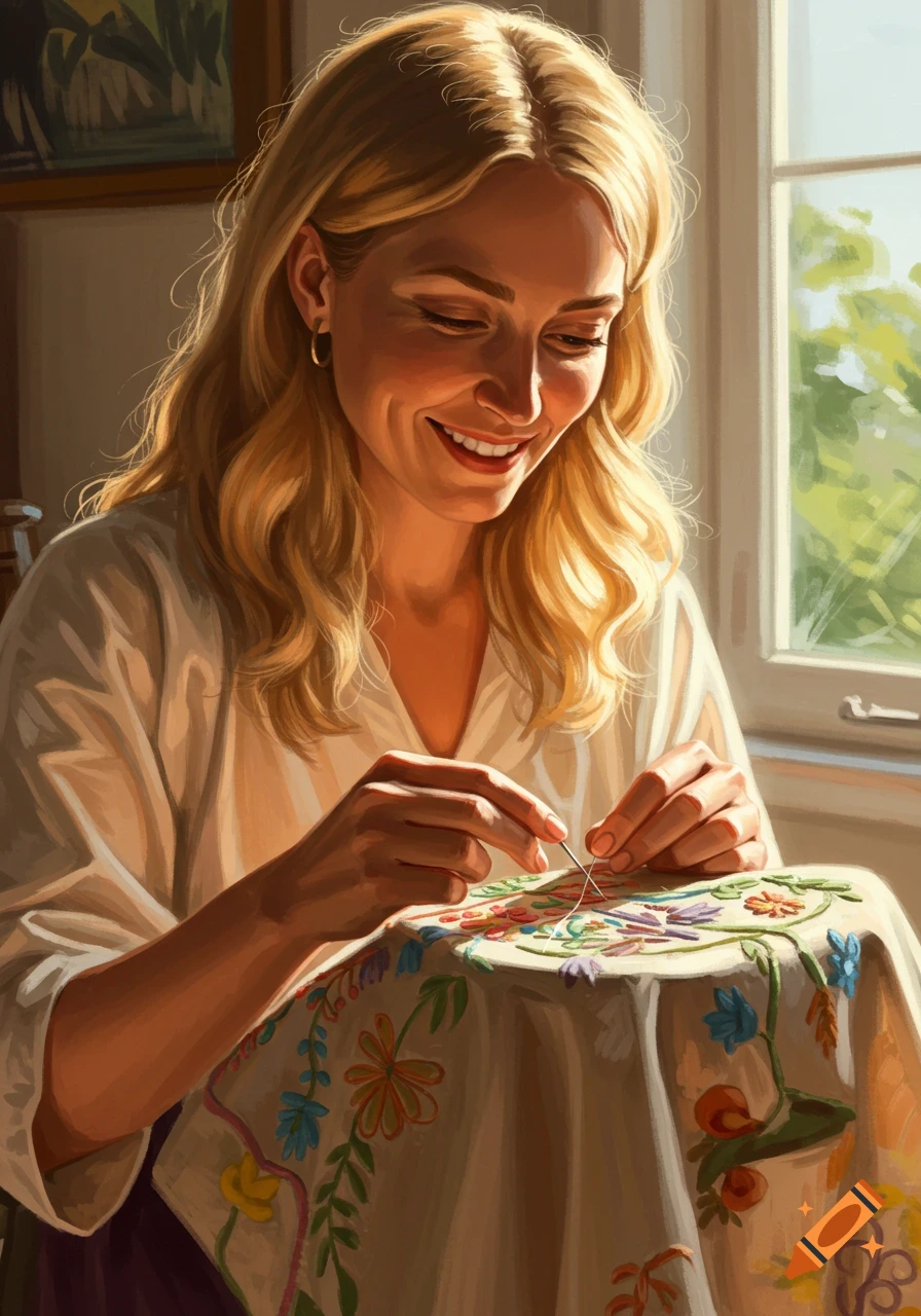 A woman smiles while doing embroidery by a sunlit window.