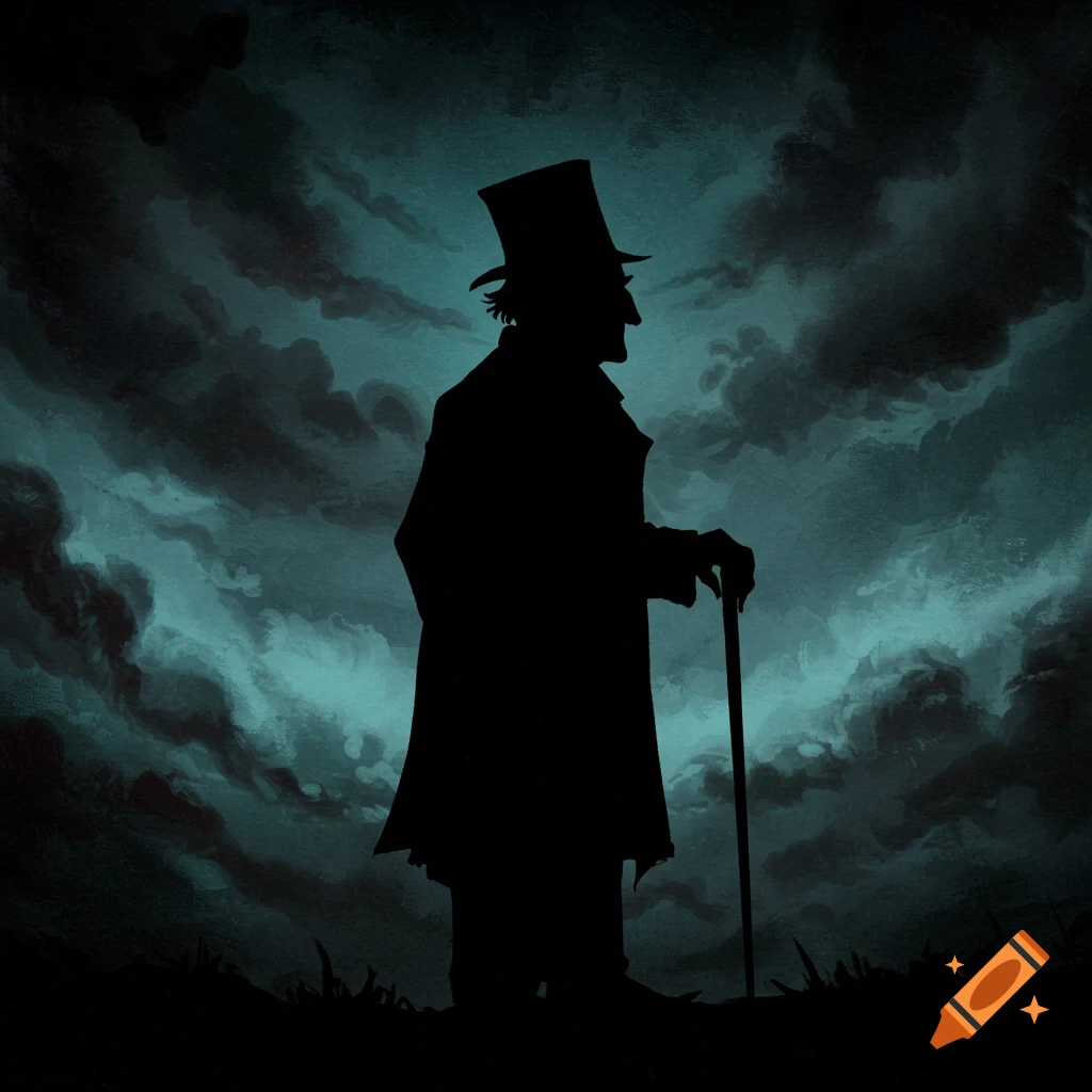 Illustration of a silhouette of a man in a top hat and coat holding a cane against a dark, stormy sky.