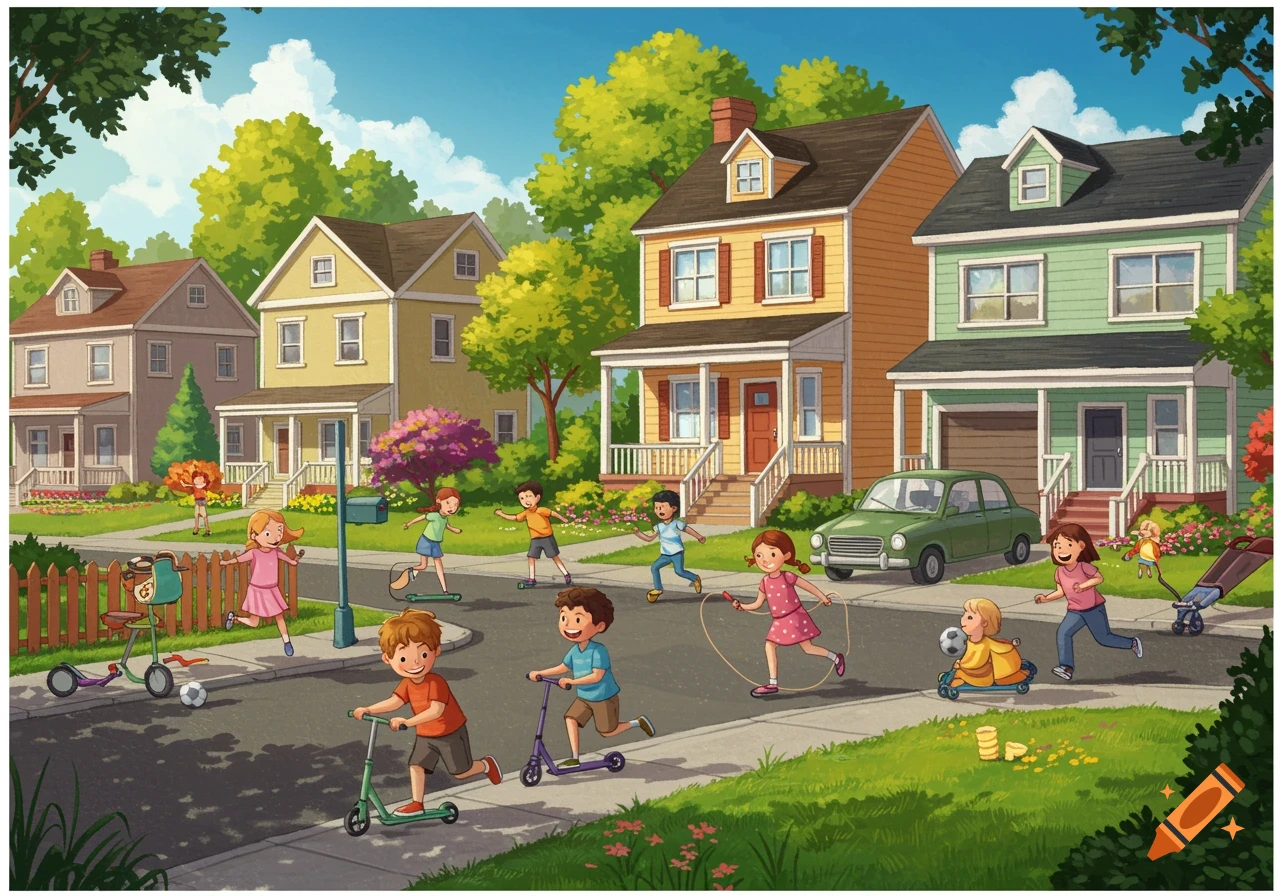 Illustration of kids playing on the street in a suburban neighborhood.