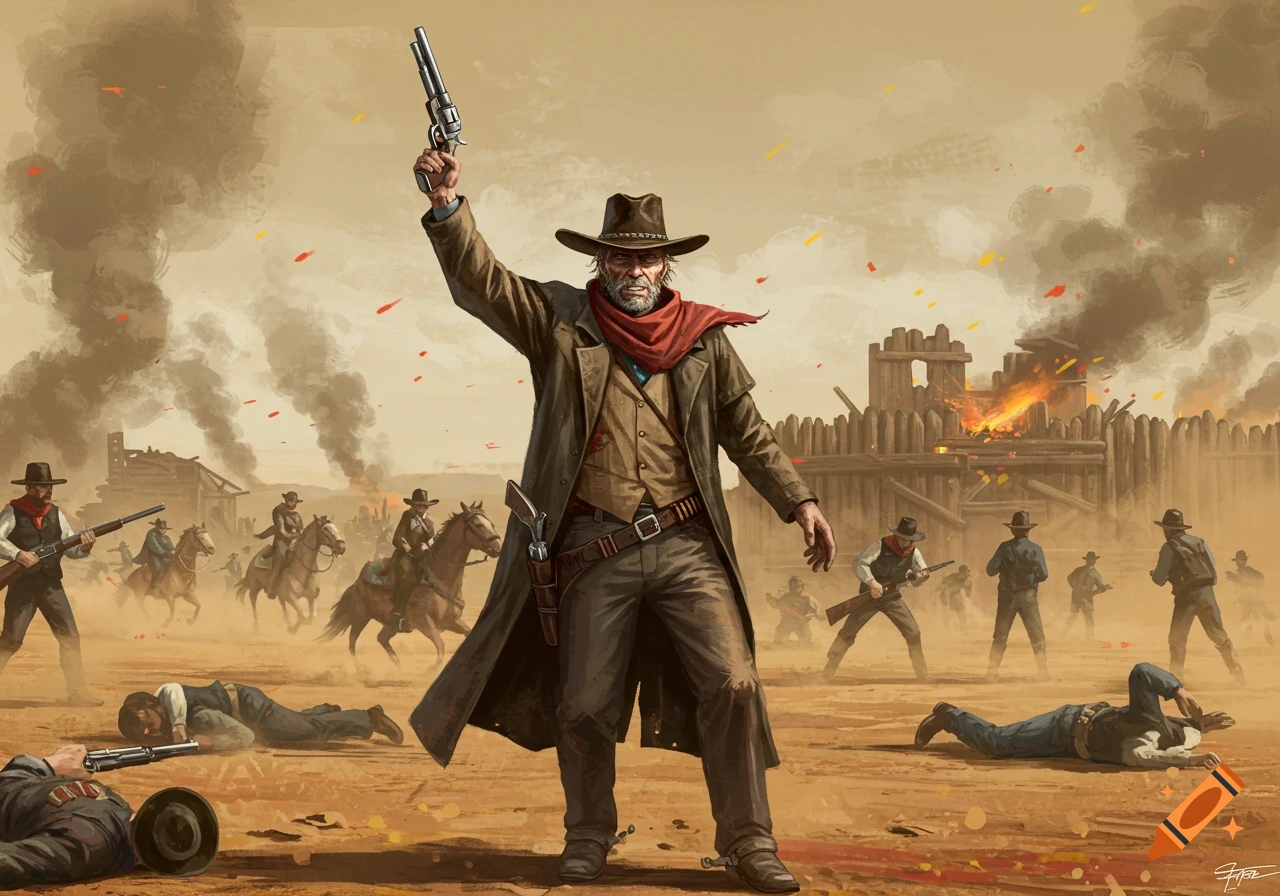 Cowboy holding a pistol aloft during a battle in the Old West with riders and a burning fort.