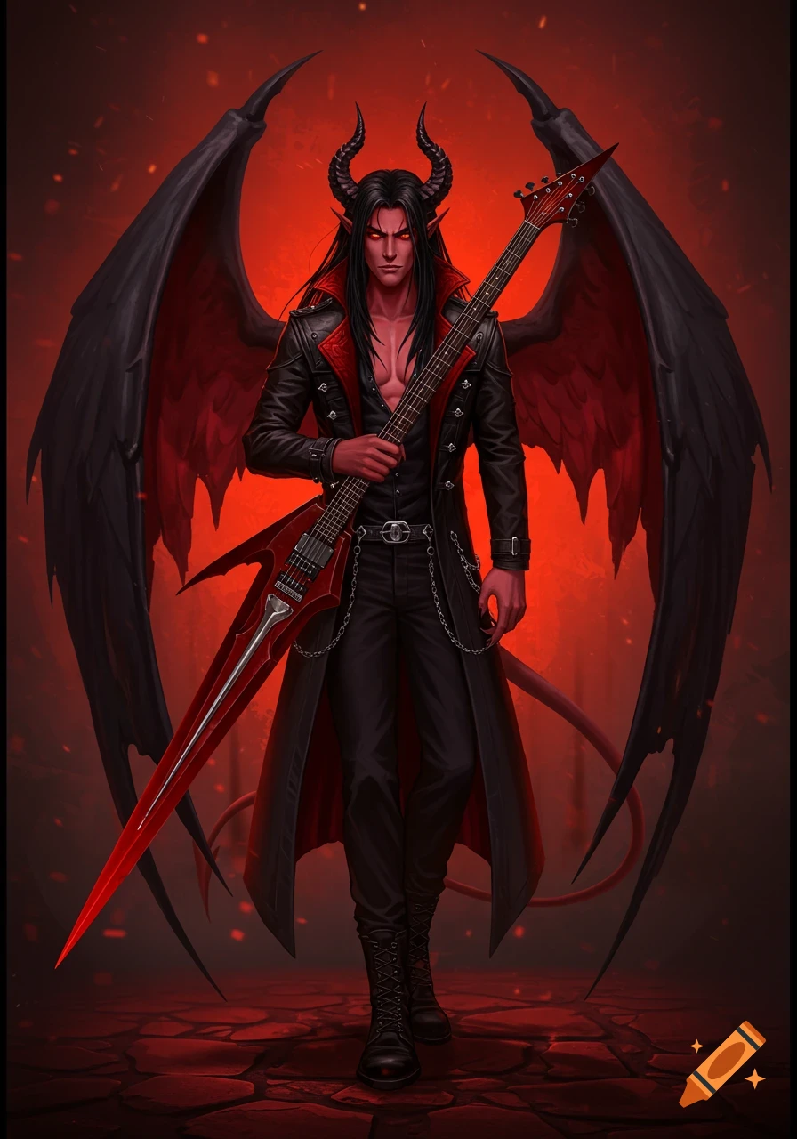 Full body portrait of a red-skinned demon with wings, horns, and a long coat, holding a sword-shaped guitar.