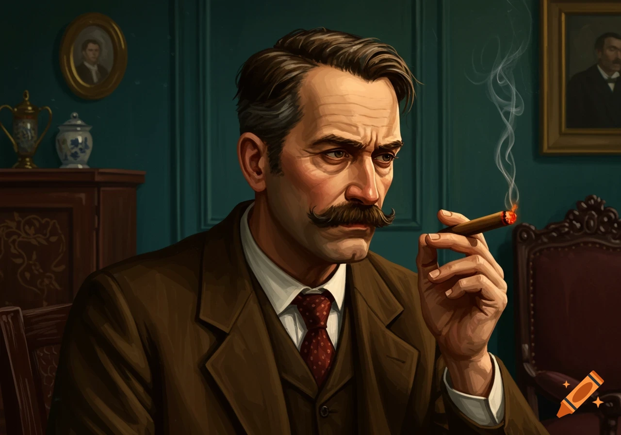 Illustration of a man in a suit with a mustache smoking a cigar