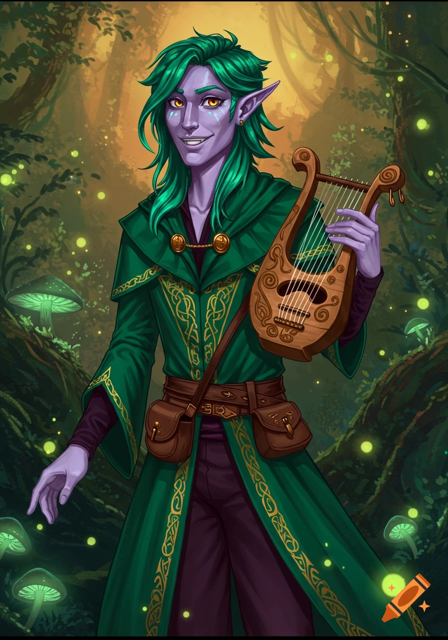 Fantasy character with purple skin and green hair playing a lyre in a forest