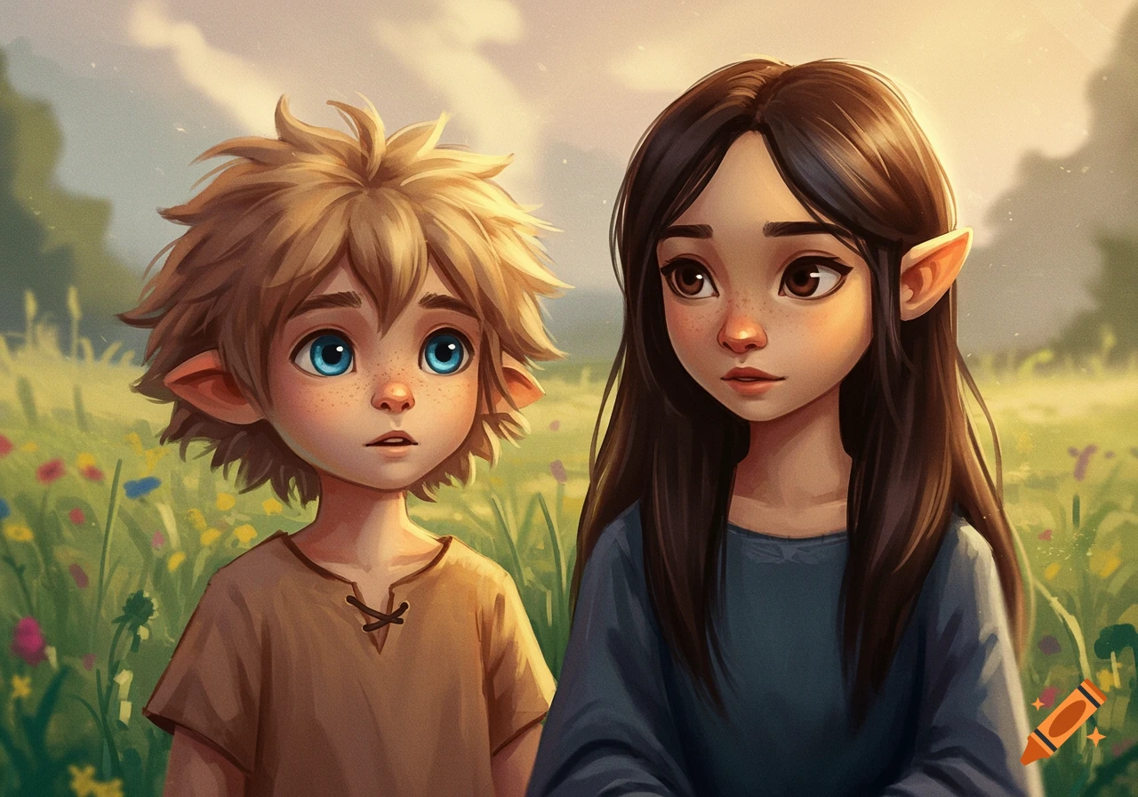 Two stylized young characters with elf ears stand in a sunny field of ...