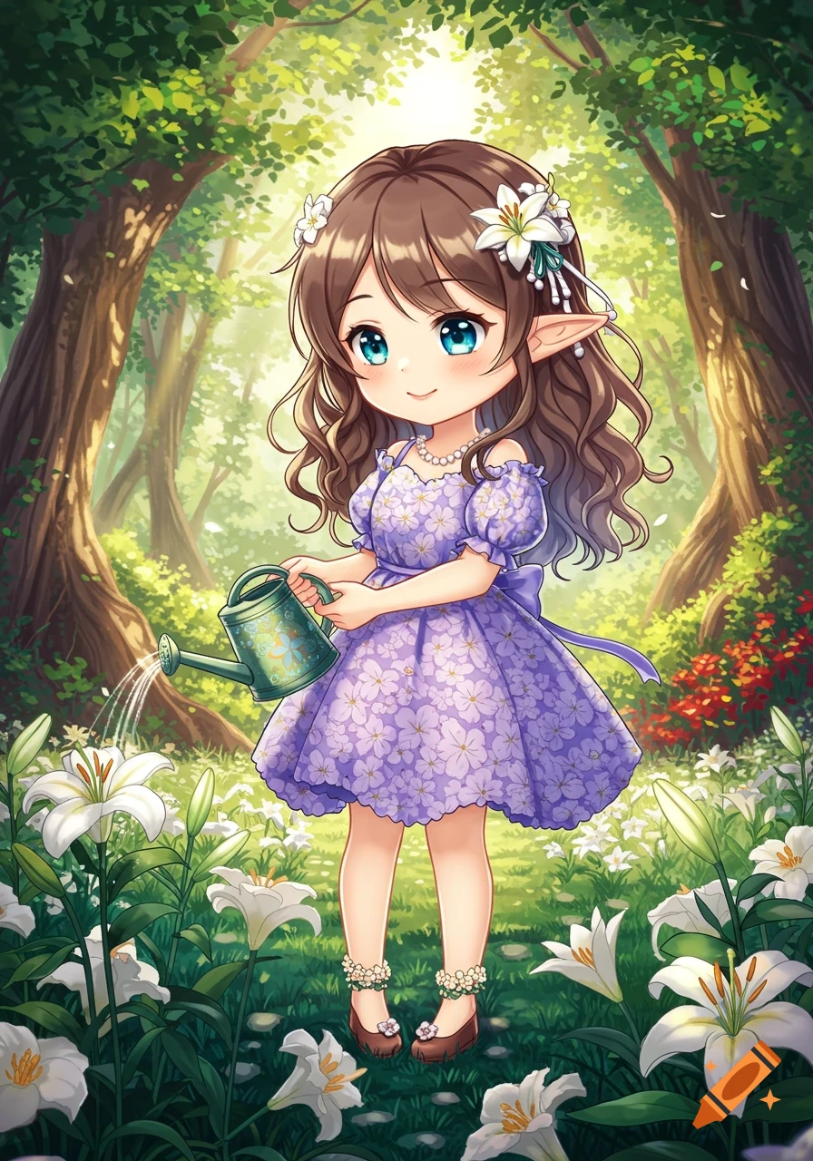 A cute anime elf girl in a purple dress waters white lilies in a sunny garden.