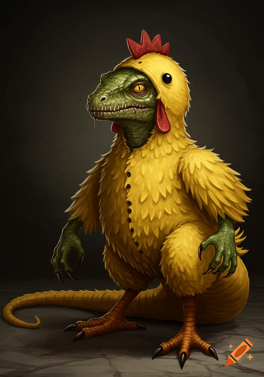 A creepy reptilian creature wearing a yellow chicken costume.