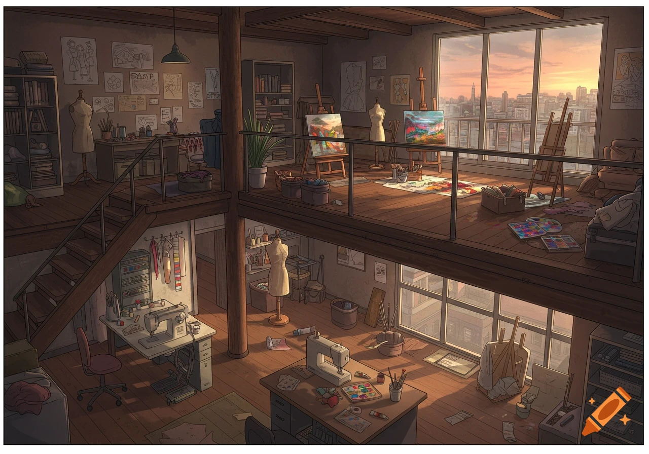 A cozy multi-level art and fashion design studio with large windows overlooking a city at sunset, illustration style.