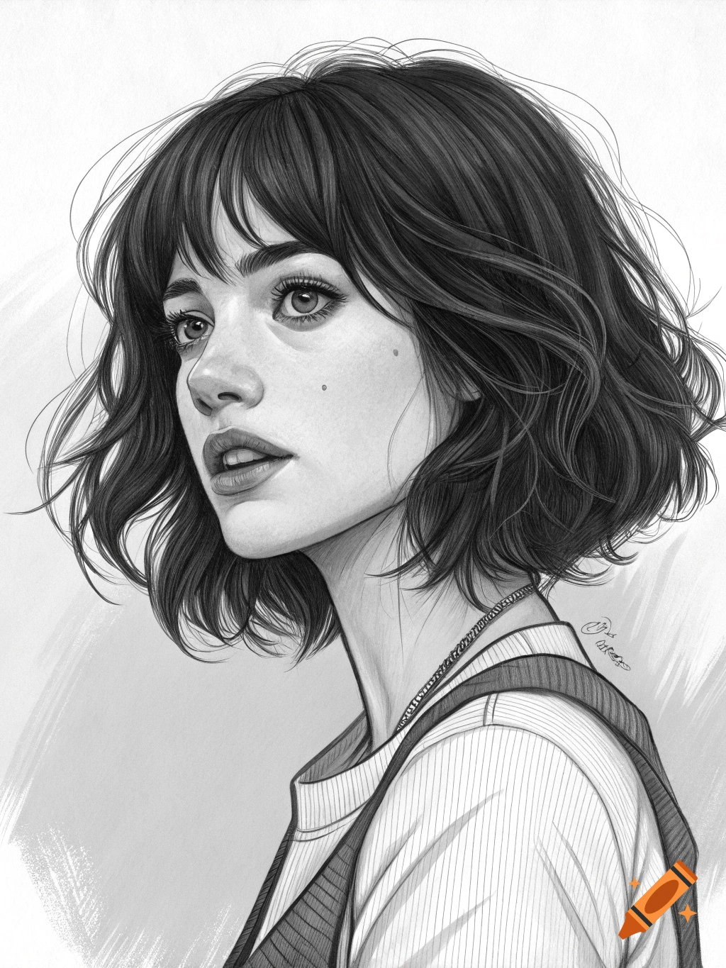 Black and white pencil sketch portrait of a woman with short dark hair