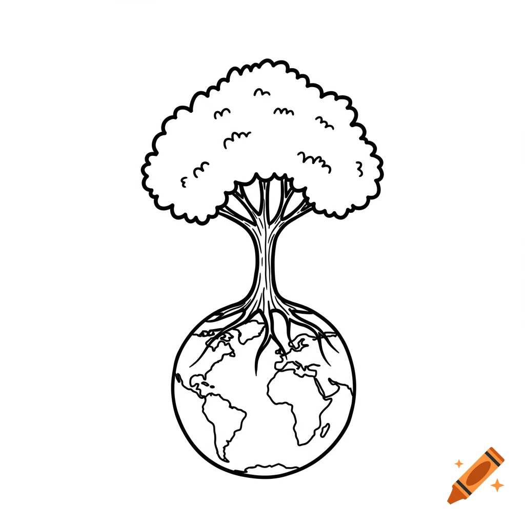 Black and white line drawing of a tree growing from the Earth, its roots covering continents.