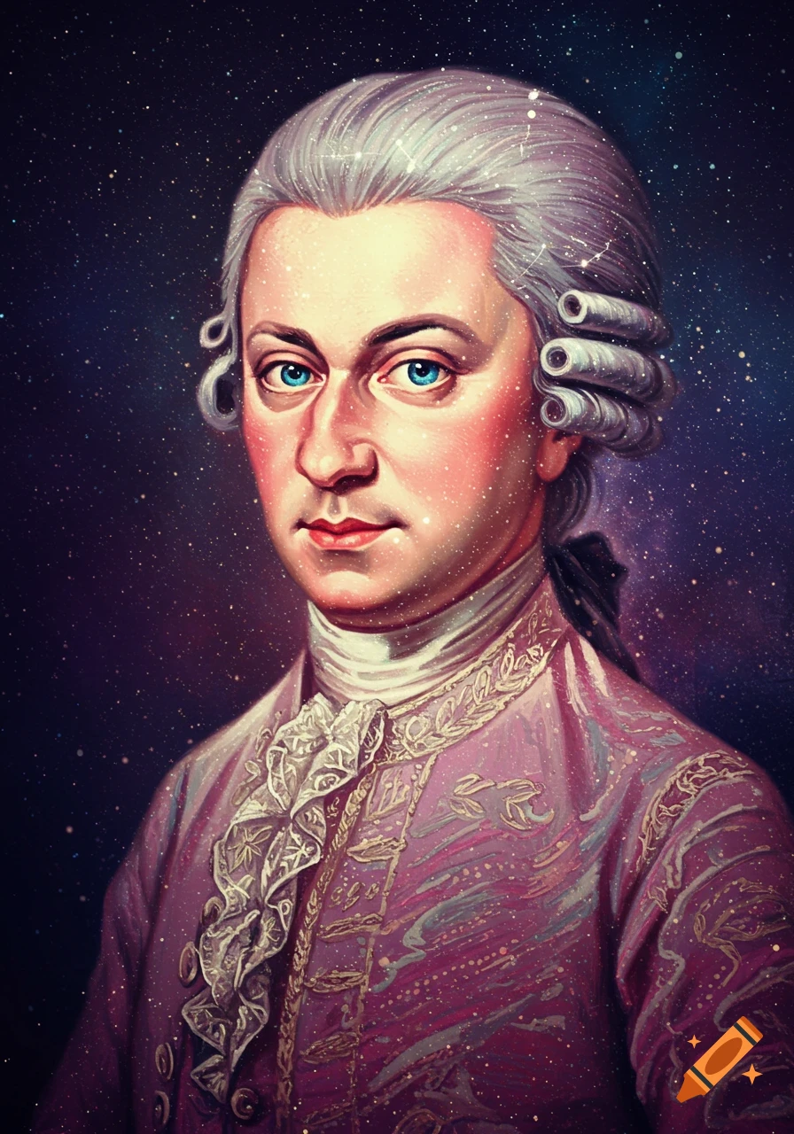Portrait of Mozart against a starry space background.