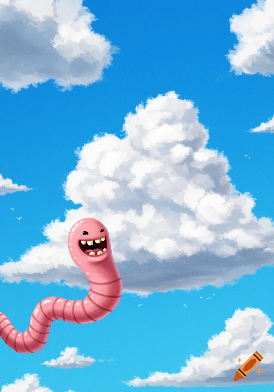 A pink cartoon worm smiles as it floats in a bright blue sky among fluffy white clouds