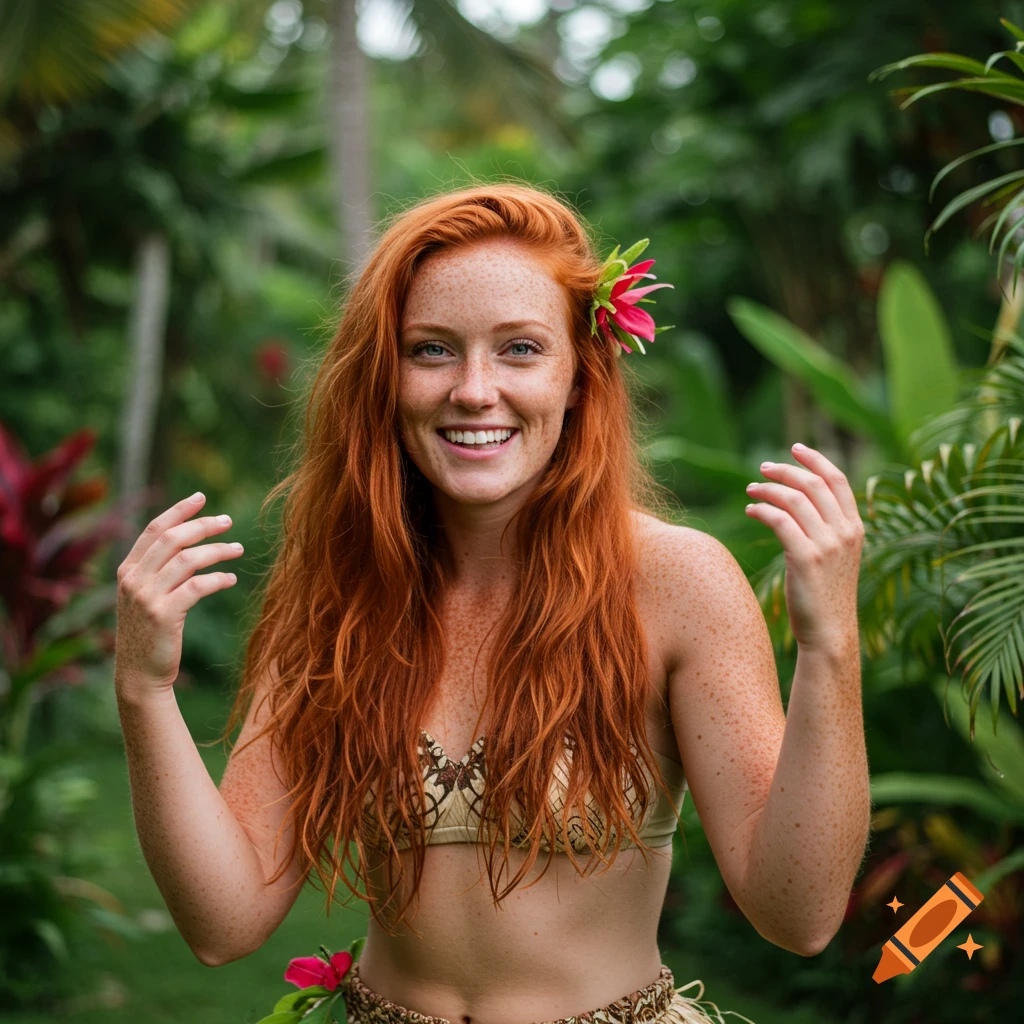 A woman with red hair and freckles in a bikini top and grass skirt smiles with arms raised in a tropical setting.