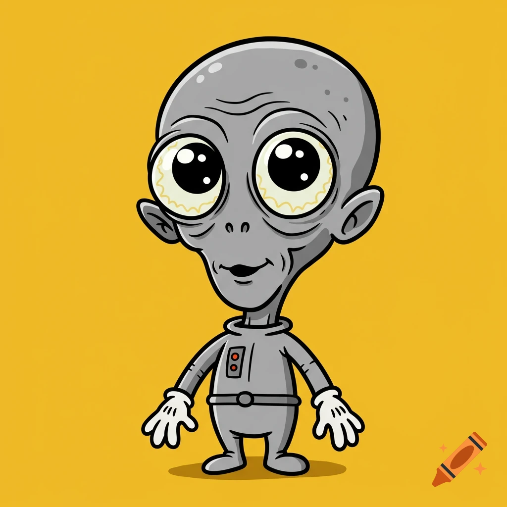 A cartoon drawing of a grey alien with large eyes against a yellow background.