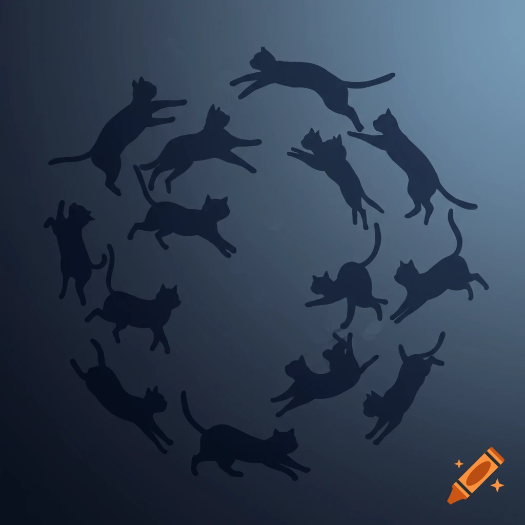 Silhouettes of cats in various poses forming a circle on a blue background.