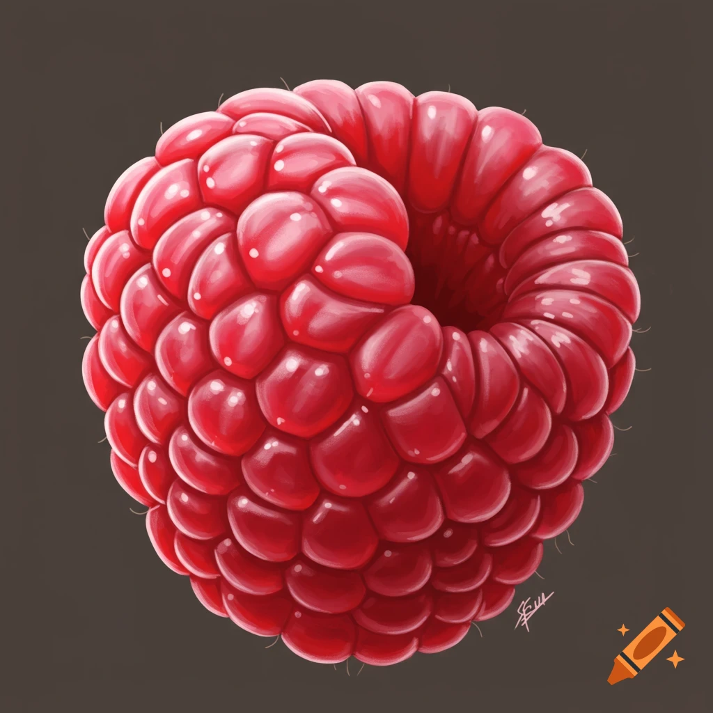 Detailed illustration of a single raspberry on a dark background.