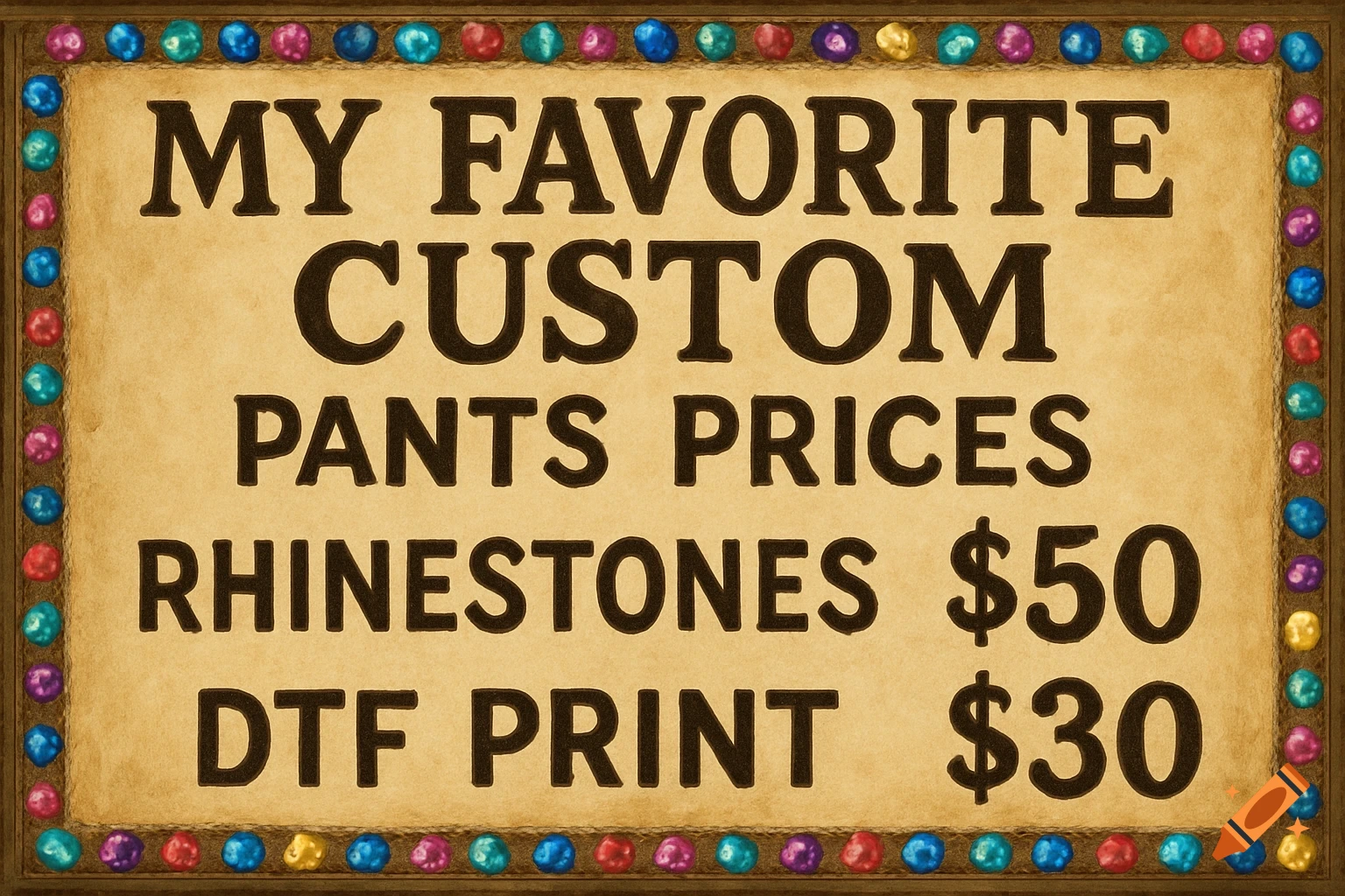 A sign advertising custom pants prices for rhinestones ($50) and DTF print ($30).