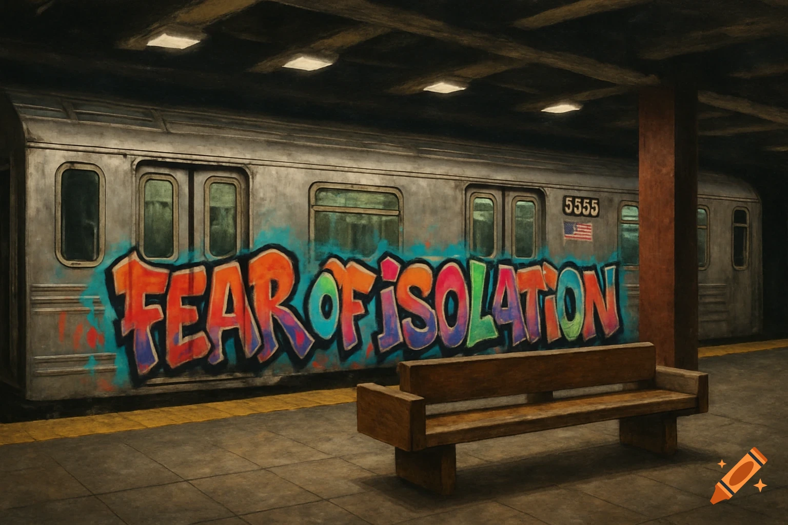 A subway car with graffiti reading 'FEAR OF ISOLATION' at a station with an empty bench.