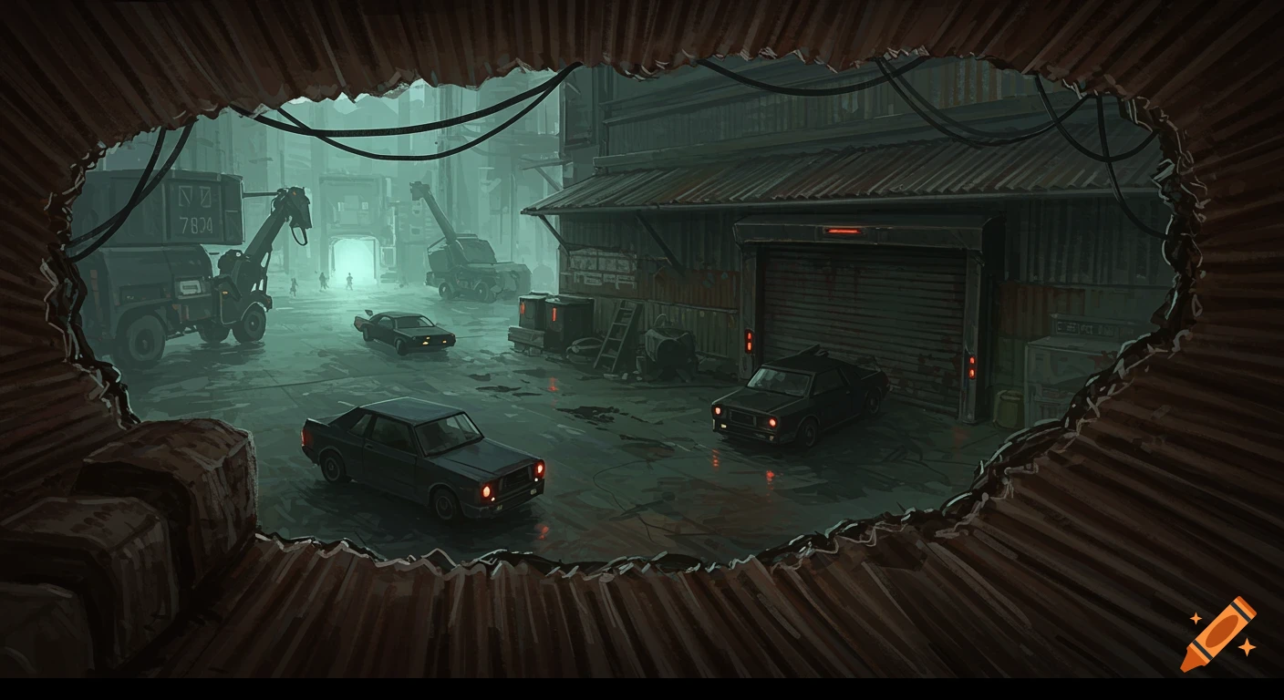 Illustration of a dark industrial yard with cars viewed through a hole in a corrugated wall.
